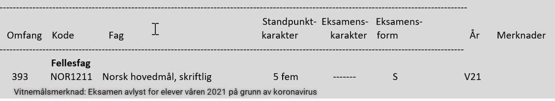 Elev som ikke har hatt obligatorisk eksamen i norsk skriftlig på grunn av koronapandemien.