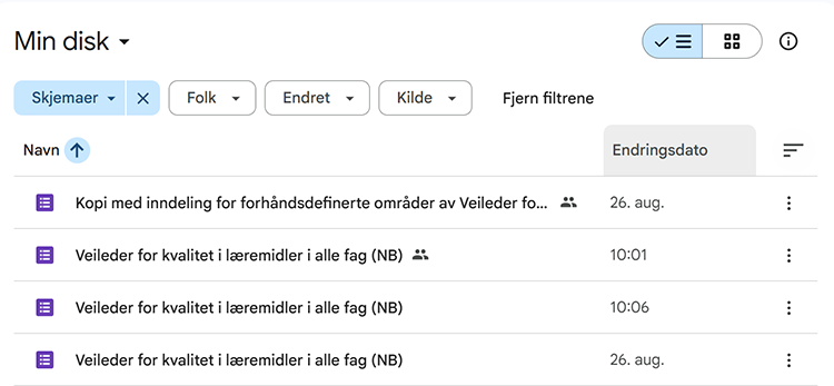 skjermbilde av lokal versjon av skjemaet i Google Disk
