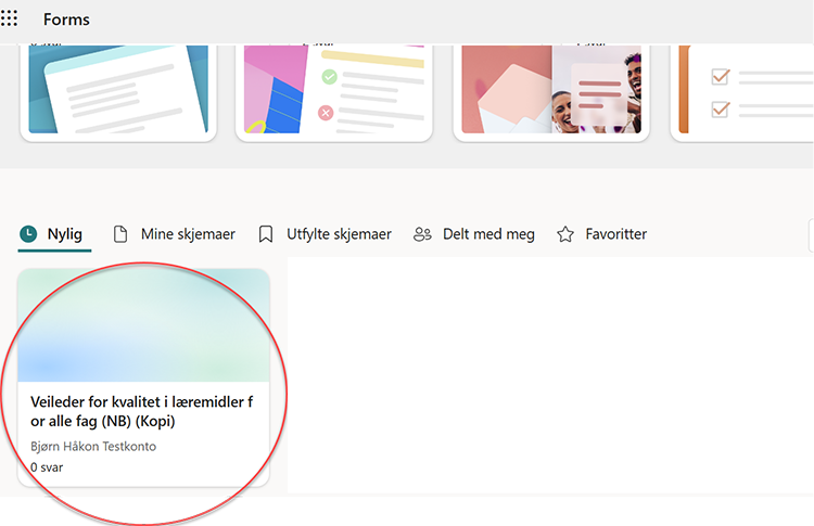 Skjermbilde av skjema for læremidler med i Microsoft Forms - last ned kopi.