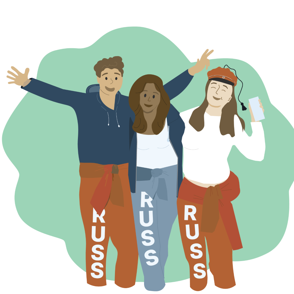 Tre russ som har på russedress og står tett med armene i været.