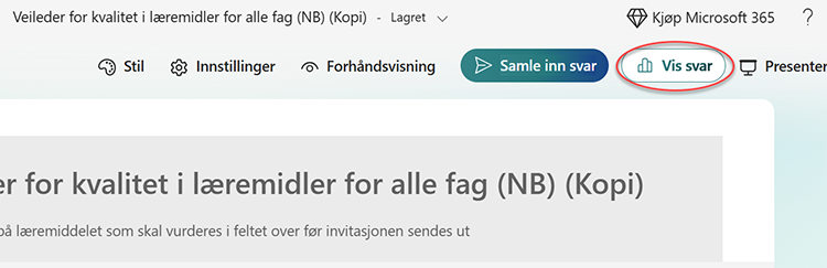 Skjermbilde av skjema for læremidler med i Microsoft Forms med ring rundt knappen "Vis resultater".