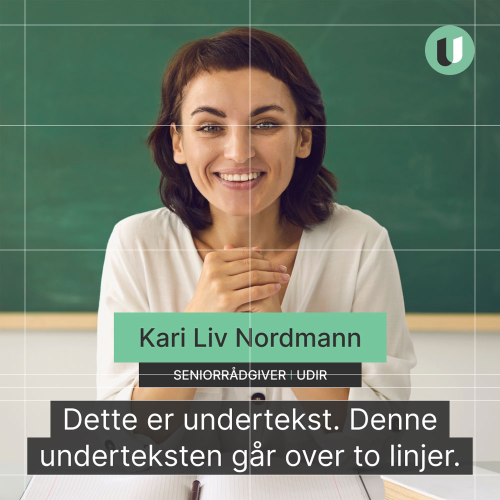 Foto av kvinne som ser i kamera og felter for navn, tittel og teksting i nedre del av fotoet