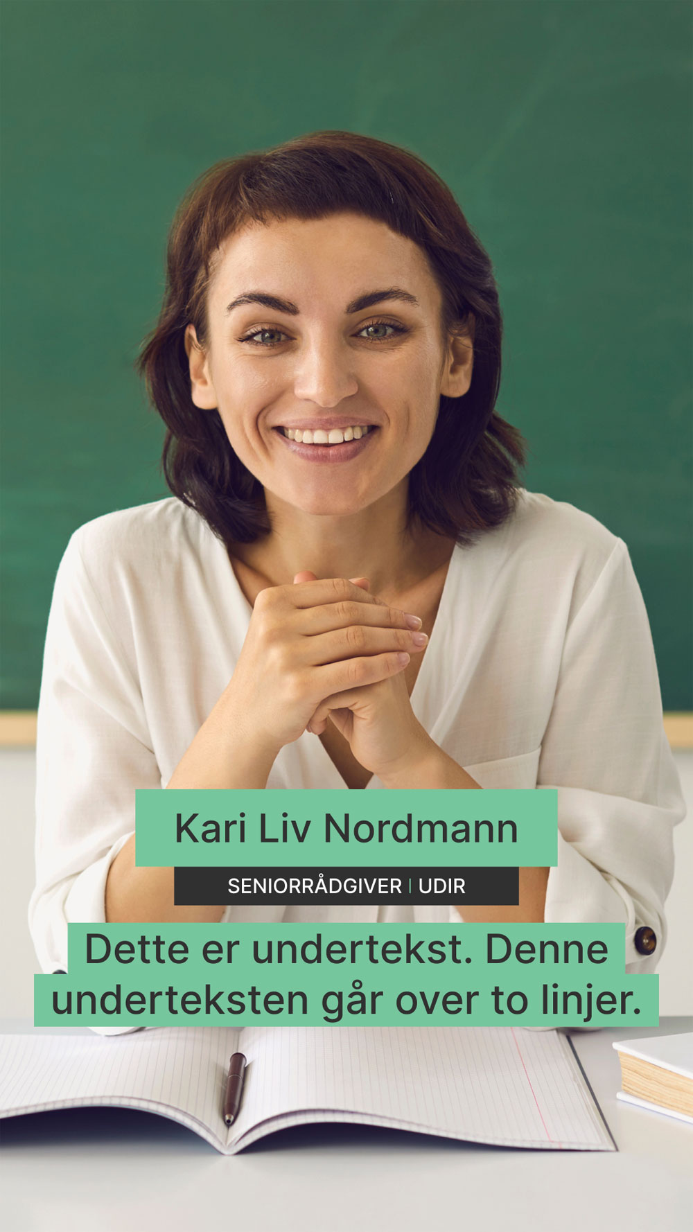 Bilde av kvinne med gr&oslash;nt navnefelt, sort tittelfelt og gr&oslash;nt tekstfelt