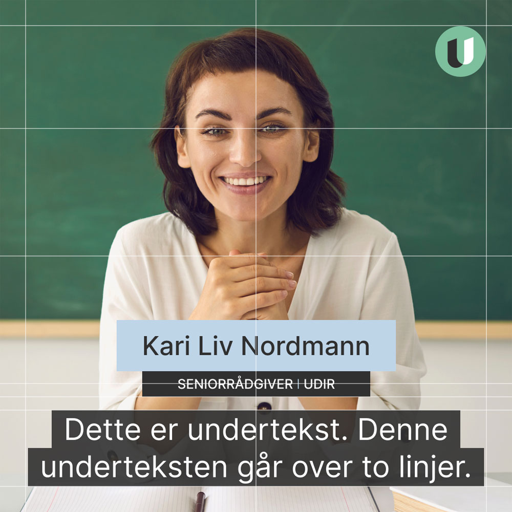 Kvadratisk foto av kvinne med bl&aring;tt felt for navn, tittel og teksting hvor streker ligger i bakgrunnen p&aring; bildet for &aring; vise plassering