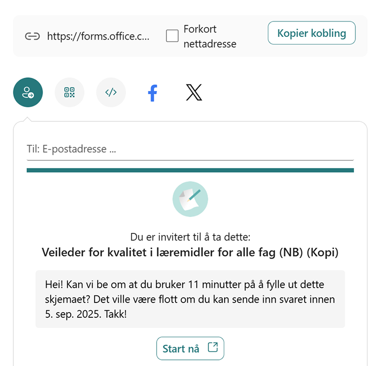 Skjermbilde av skjema for læremidler med i Microsoft Forms - egne valg.