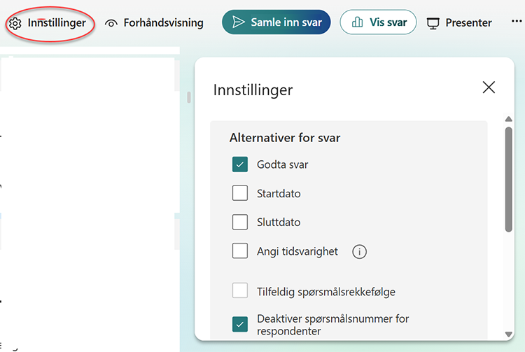 Skjermbilde av skjema for læremidler med i Microsoft Forms - instillinger.