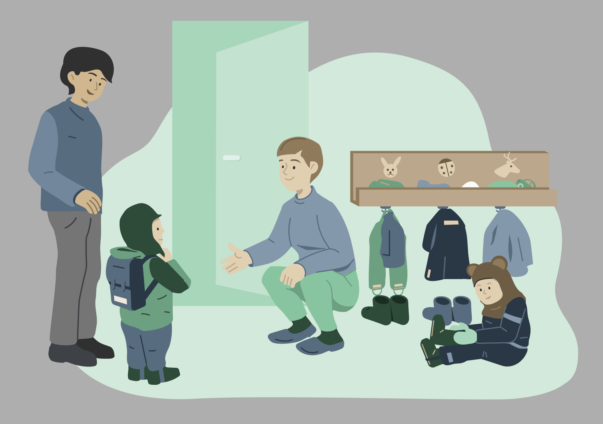 To voksne og to barn i garderoben i barnehagen