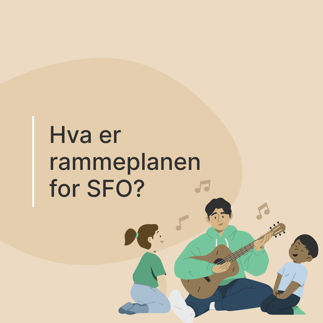 Brun plakat med tekst i avrundet form, illustrasjon av to barn og voksen med gitar