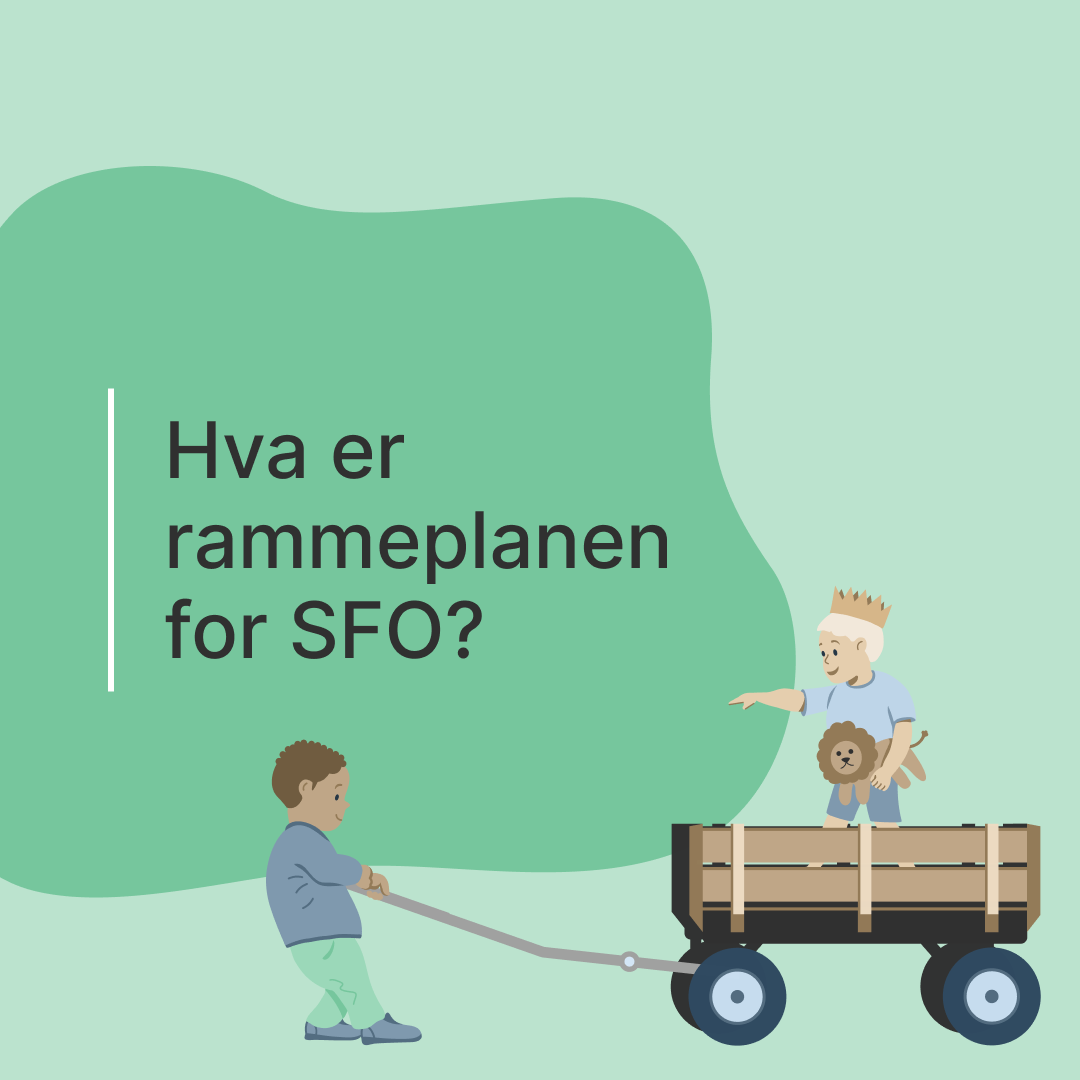 Gr&oslash;nn plakat med organisk form og to barn som leker med en tralle