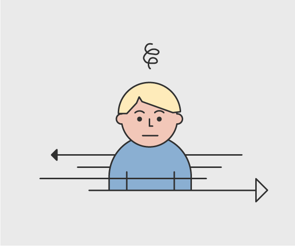Illustrasjon av en gutt med piler i begge retninger og tankeboble over hodet