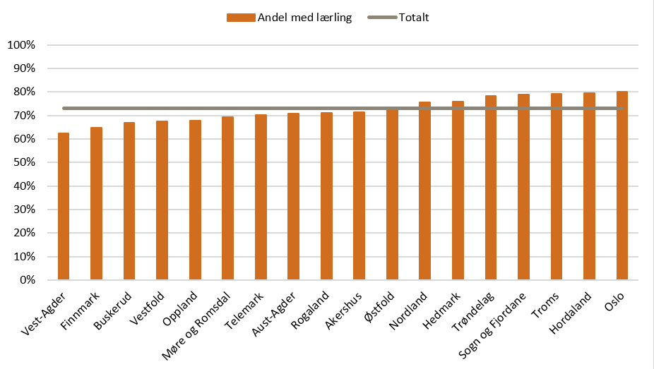 Figur 10. Lærebedrifter som har lærling fordelt på fylke. 2017. Prosentandel.