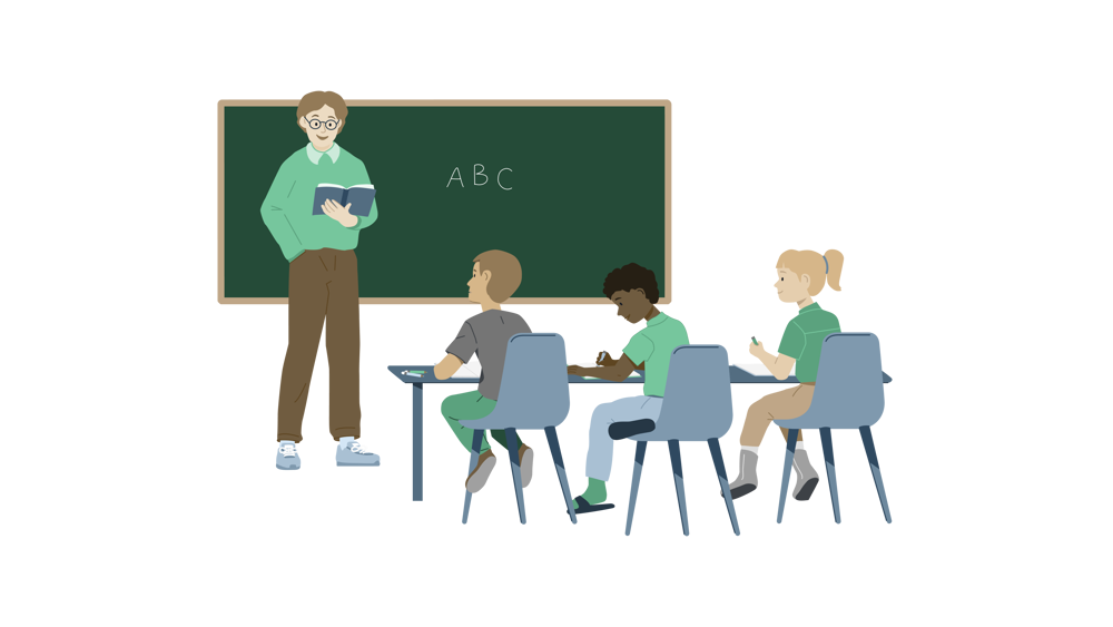 Tre elever i et klasserom som noterer det læreren sier
