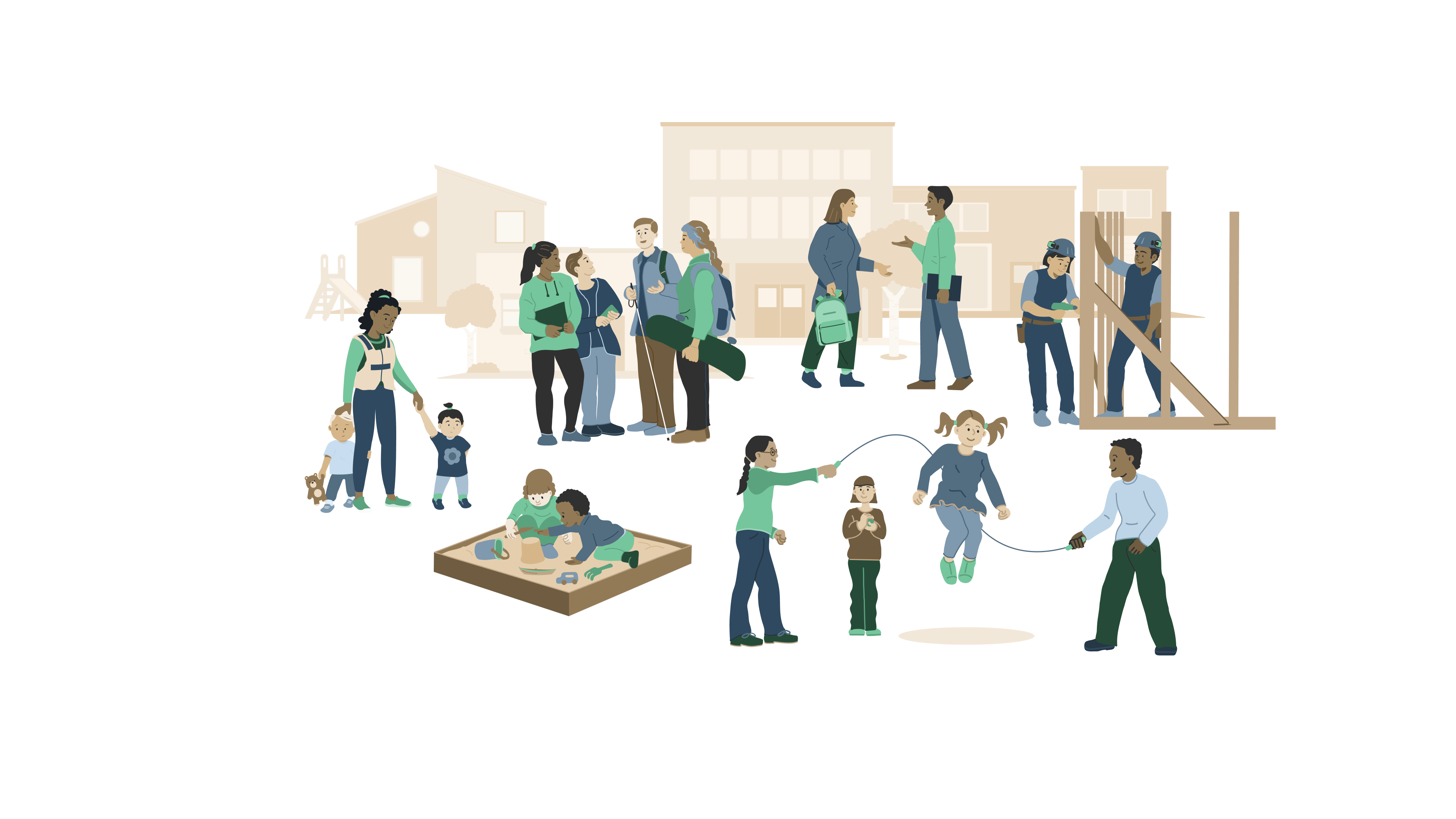 Barn, ungdom og voksne foran bygninger som skal illustrere barnehage, sfo og skole.